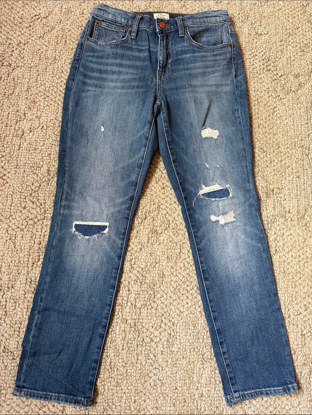 J. Crew Distressed Straight Leg Jeans in Medium Blue